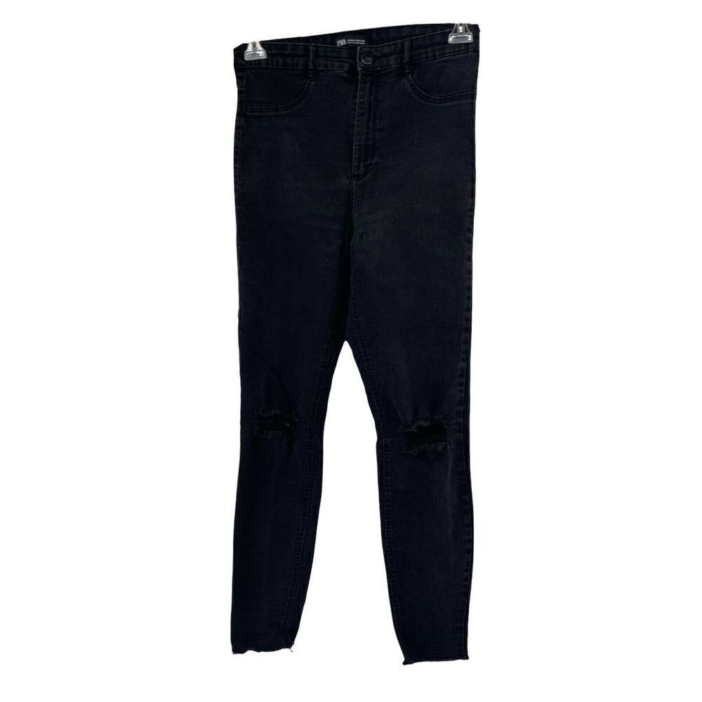 Zara Super High Rise Jeans Black Skinny Distressed Size 10 Punk Rock Stretch